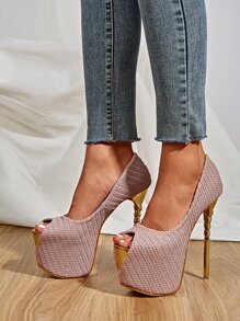 Tacones con plataforma ultra altos de punta abierta - Rosa Pálido - Ver 4