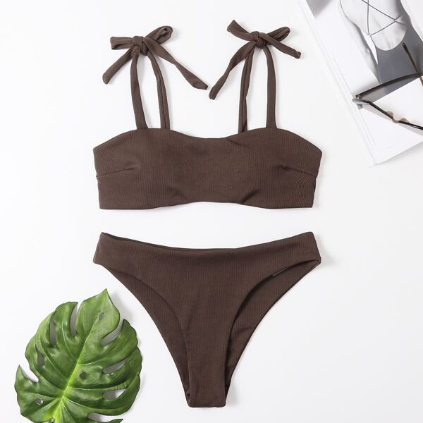 

Rib Tie Shoulder Bikini Swimsuit, Coffee brown