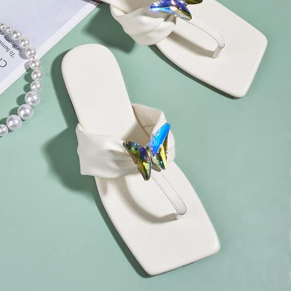 

Butterfly Decor Thong Sandals, White