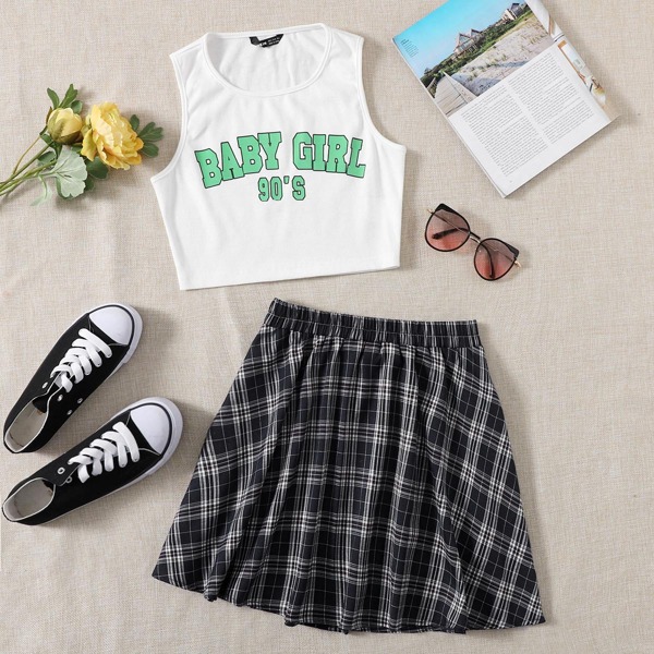 

Letter Graphic Tank Top & Plaid Skirt, Multicolor
