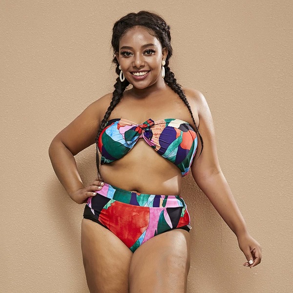 

Plus Colorblock Knot Front Bandeau Bikini Swimsuit, Multicolor