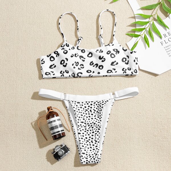 

Allover Graphic Thong Bikini Swimsuit, Black and white