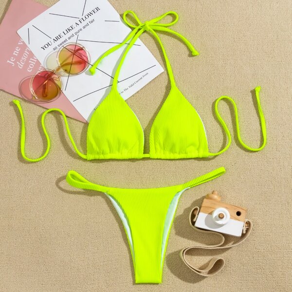 

Neon Lime Rib Triangle Thong Bikini Swimsuit, Lime green