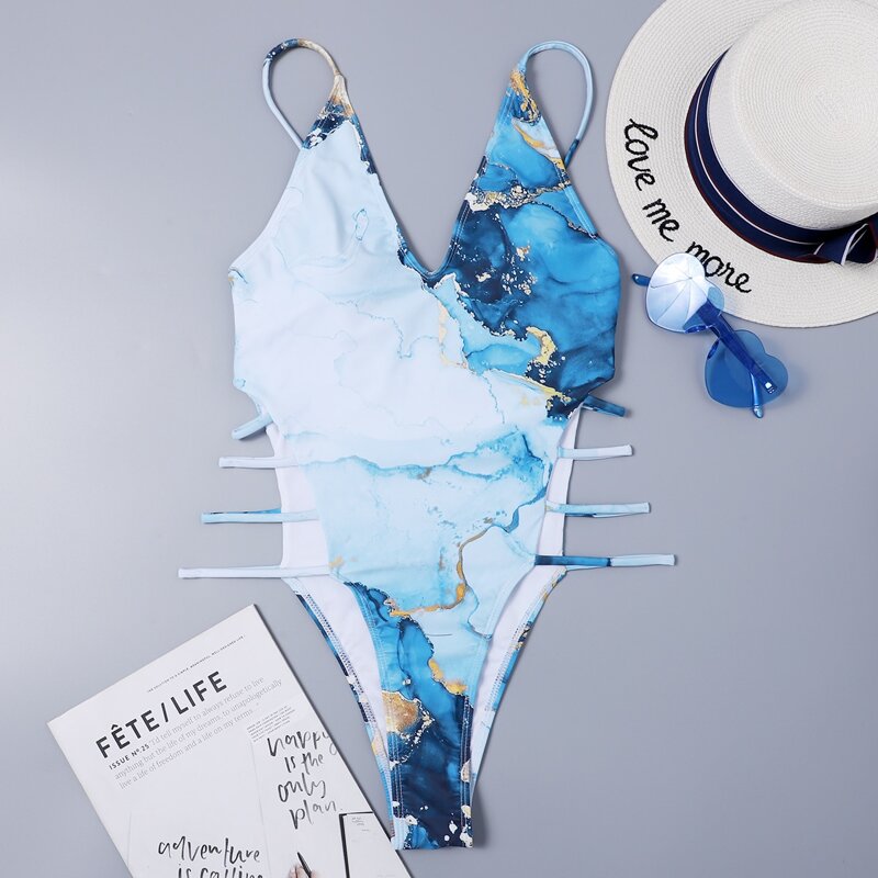 

Abstract Fluid Pattern Cut-out One Piece Swimsuit, Blue