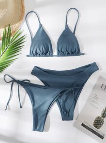 Swim Basics Summer Beach 3packs Triangle Tie Side Bikini Set - Dusty Blue - View 1