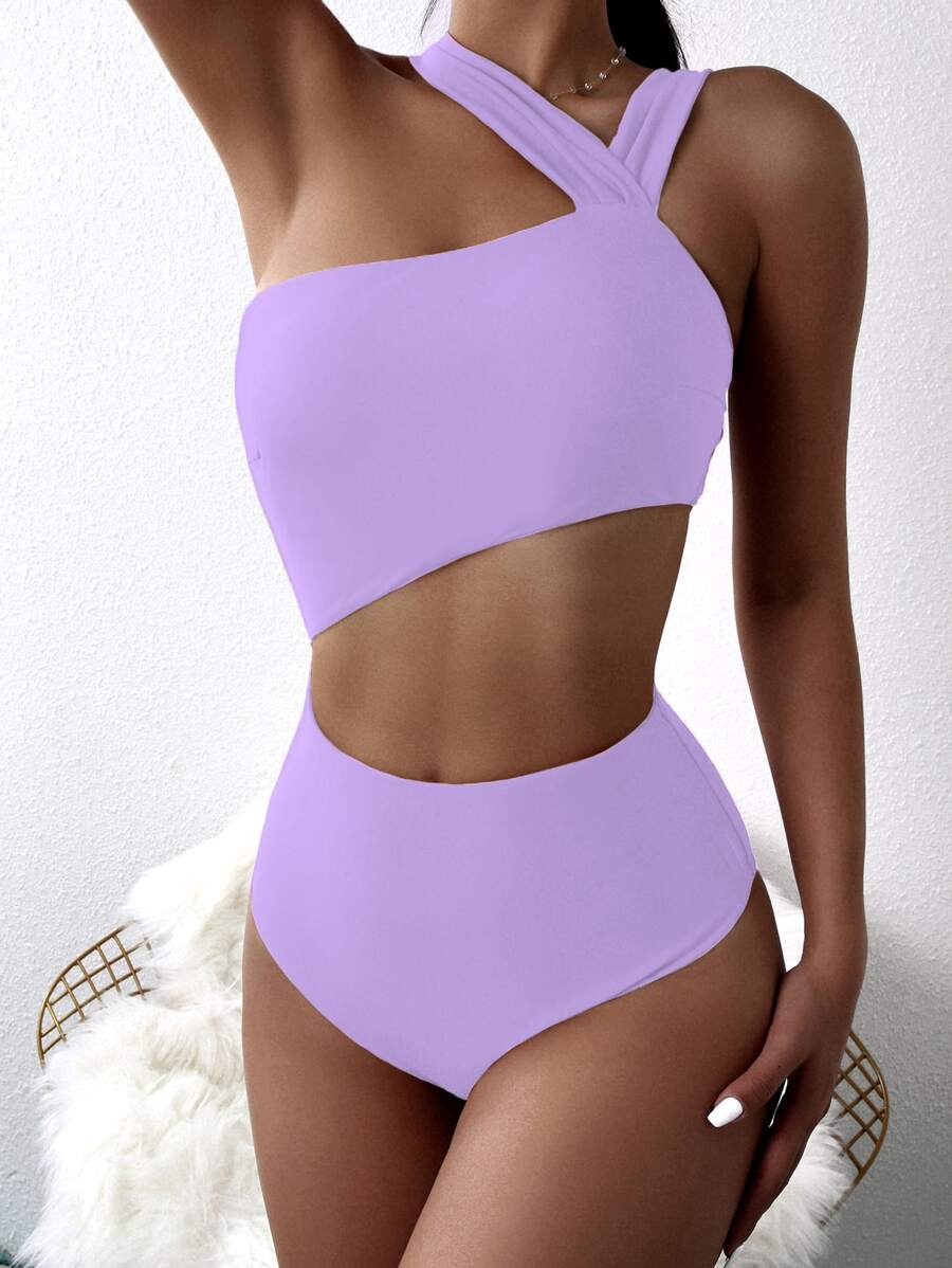 Cut-Out Waist One Piece Swimsuit, For Summer Beach Vacation - Mauve Purple - View 1