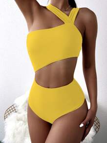 Cut-Out Waist One Piece Swimsuit, For Summer Beach Vacation - Yellow - View 1