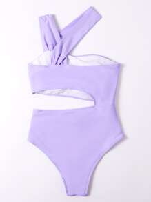 Cut-Out Waist One Piece Swimsuit, For Summer Beach Vacation - Mauve Purple - View 2
