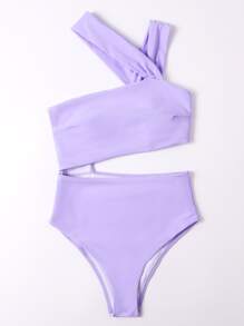 Cut-Out Waist One Piece Swimsuit, For Summer Beach Vacation - Mauve Purple - View 3