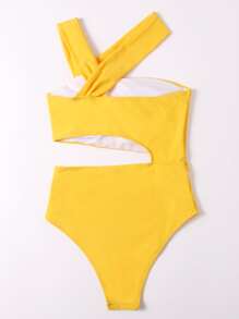 Cut-Out Waist One Piece Swimsuit, For Summer Beach Vacation - Yellow - View 2