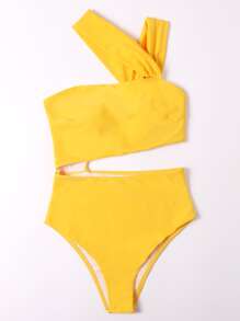 Cut-Out Waist One Piece Swimsuit, For Summer Beach Vacation - Yellow - View 3
