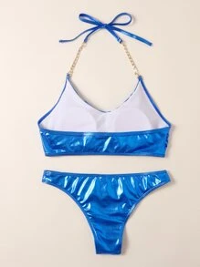 Conjunto de bikini con cadena metálica de PU, para vacaciones de verano en la playa - Azul - Ver 2