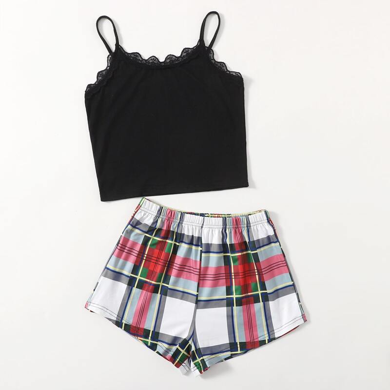 

Contrast Lace Plaid Pajama Set, Multicolor