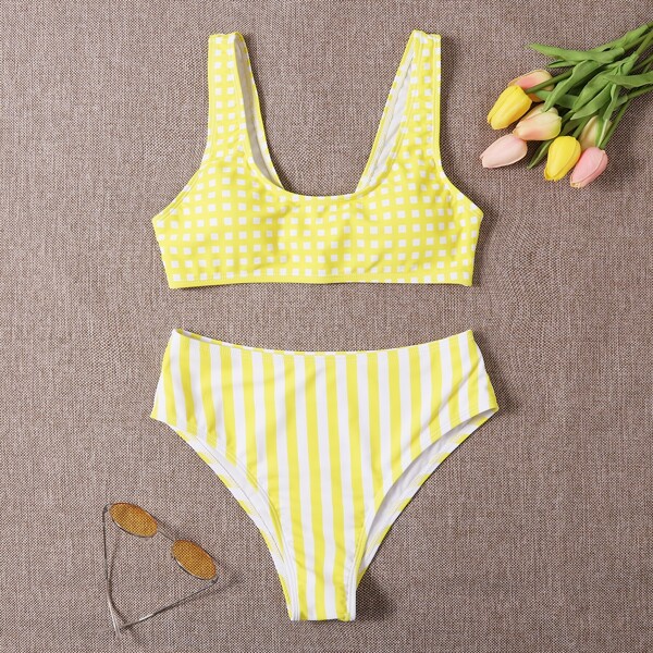 

Plaid & Striped Pattern High Waisted Bikini Swimsuit, Yellow
