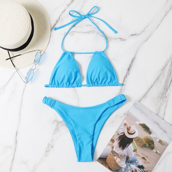 

Solid Halter Thong Bikini Swimsuit, Blue