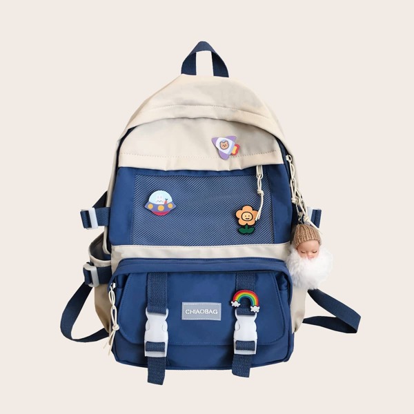 

Buckle Front Two Tone Backpack With Bag Charm, Blue