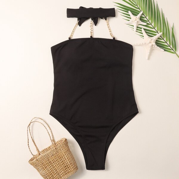 

Rib Chain Linked One Piece Swimsuit, Black