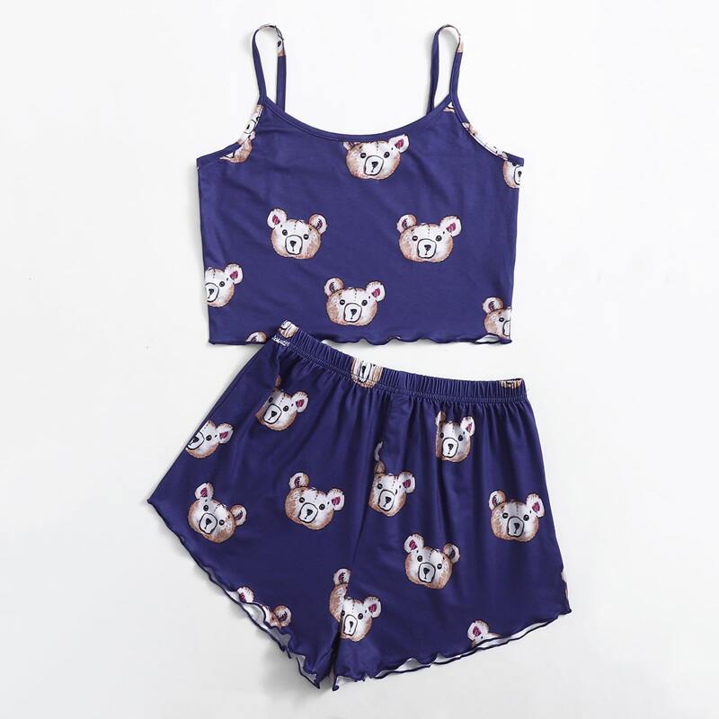 

Cartoon Bear Graphic Lettuce Trim Pajama Set, Navy blue