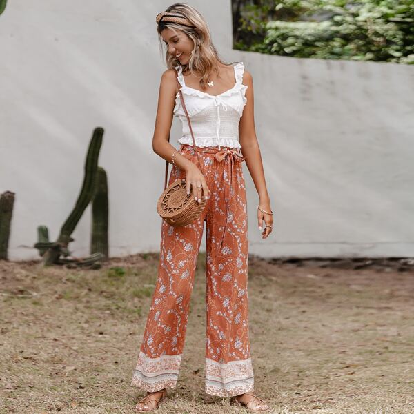 

Belted Paisley & Floral Print Wide Leg Pants, Orange