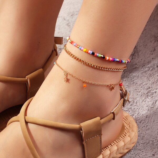 

3pcs Colorful Bead Decor Anklet, Multicolor