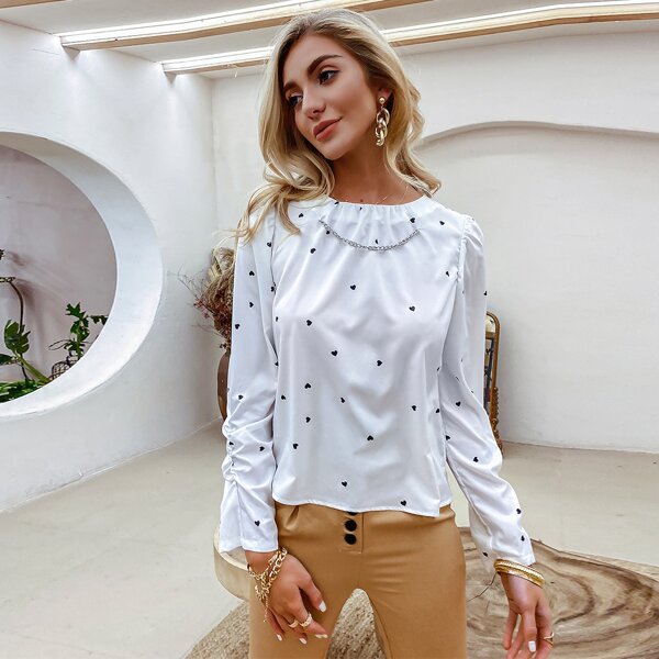 

Heart Print Ruched Detail Top, White