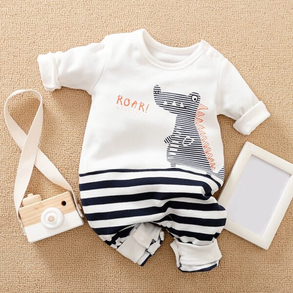 

Baby Unisex Striped Cartoon Graphic Jumpsuit, Blue and white