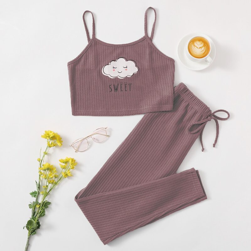 

Waffle Knit Cartoon And Letter Graphic Pajama Set, Dusty pink