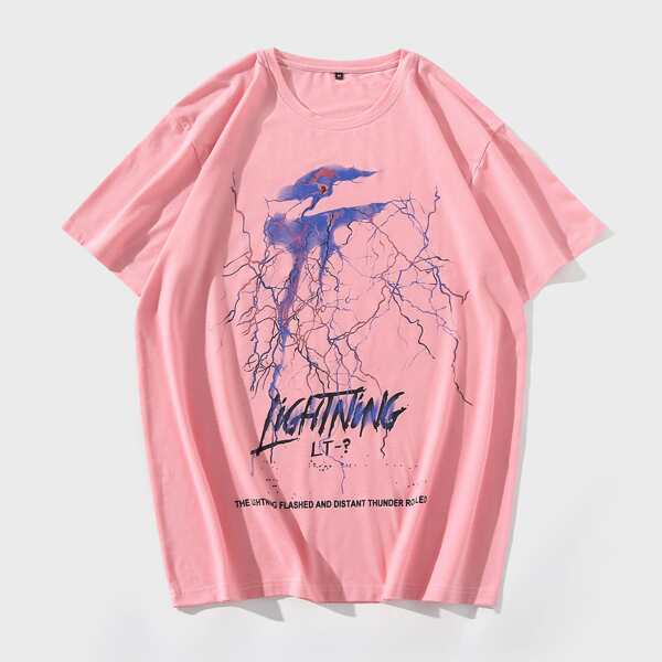 

Men Slogan And Lightning Print Tee, Baby pink