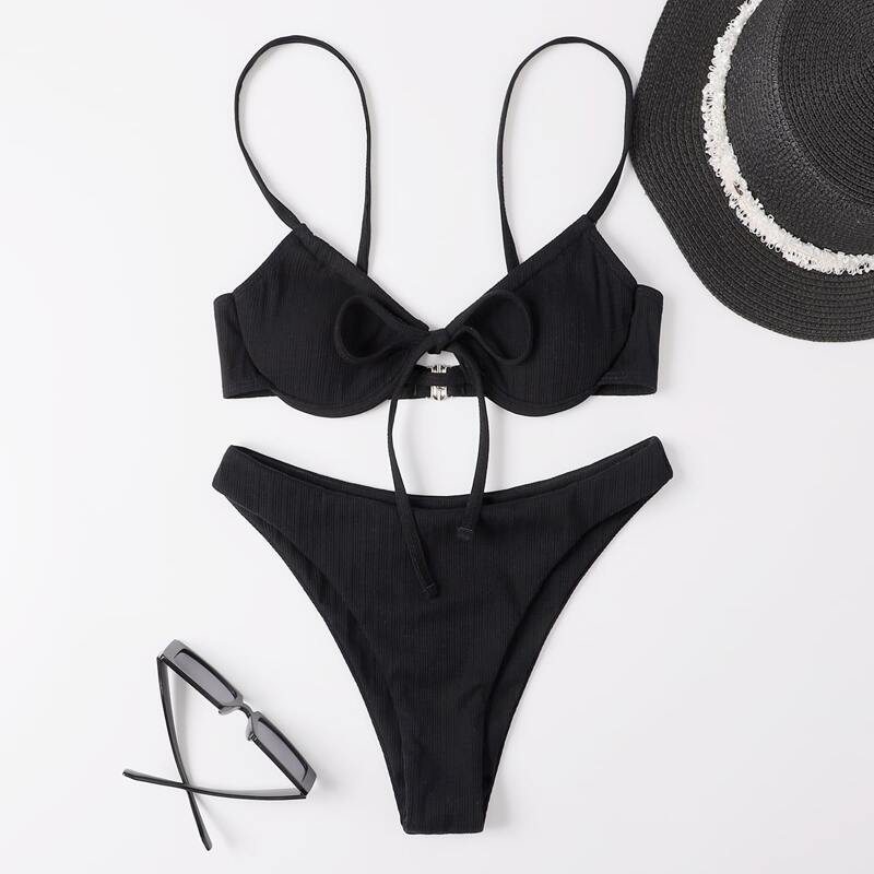 

Tie Front Underwire Bikini Swimsuit, Black