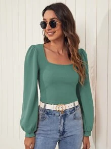 SHEIN Frenchy 燈籠袖素色上衣 - 綠色 - 查看 1