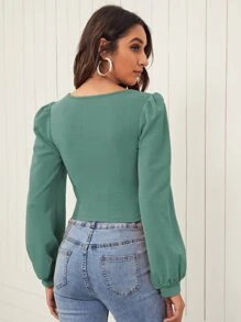 SHEIN Frenchy 燈籠袖素色上衣 - 綠色 - 查看 2