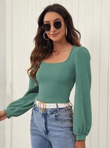 SHEIN Frenchy 燈籠袖素色上衣 - 綠色 - 查看 4