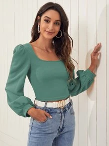 SHEIN Frenchy 燈籠袖素色上衣 - 綠色 - 查看 5