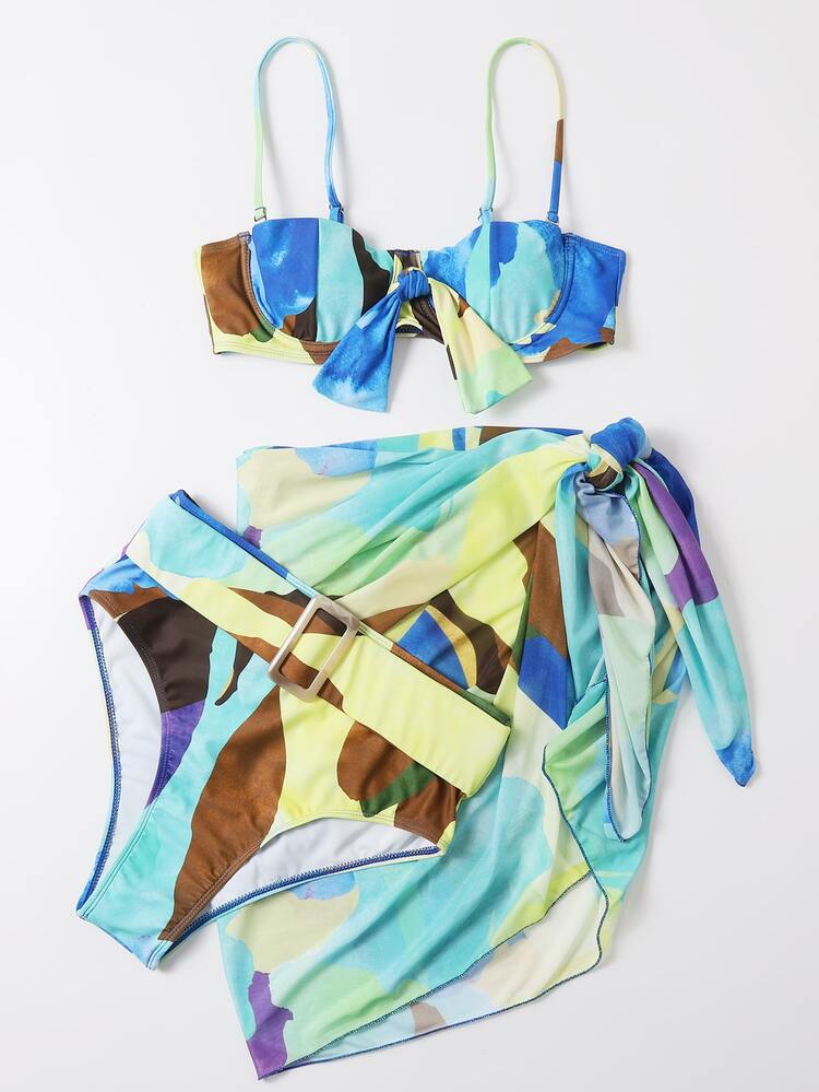 3packs Allover Graphic Underwire Bikini Set & Beach Skirt, For Summer Vacation - Multicolor - View 3