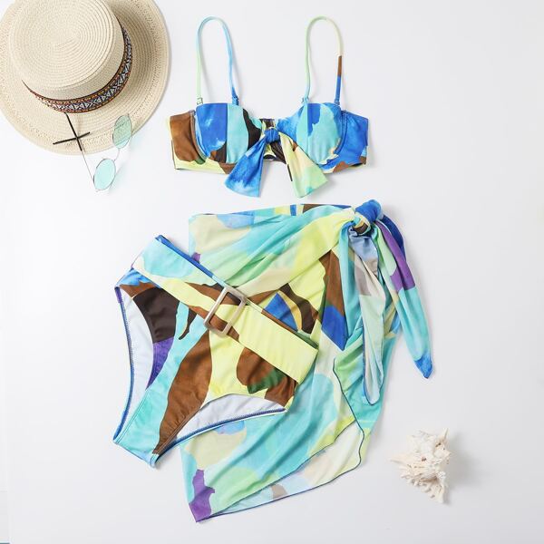 

3pack Allover Graphic Underwire Bikini Swimsuit & Beach Skirt, Multicolor