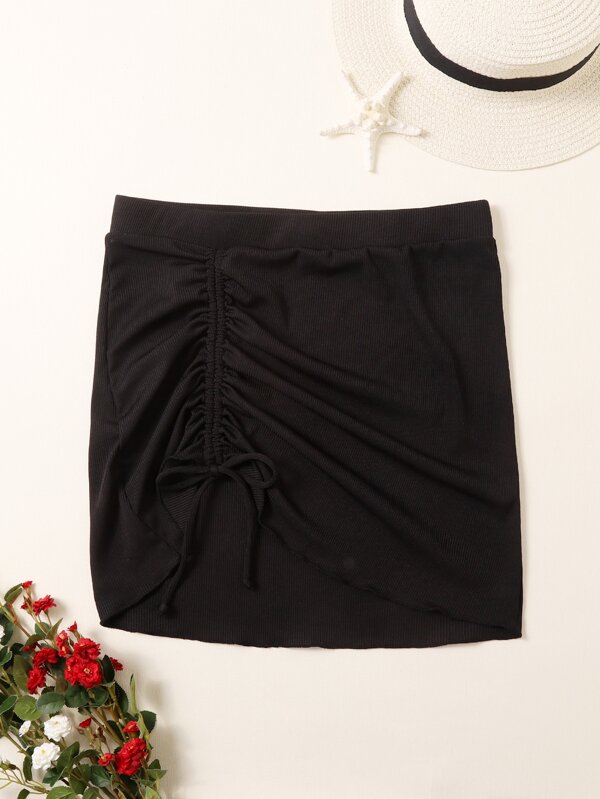 SHEIN Swim Summer Beach Rib Drawstring Ruched Cover Up Skirt