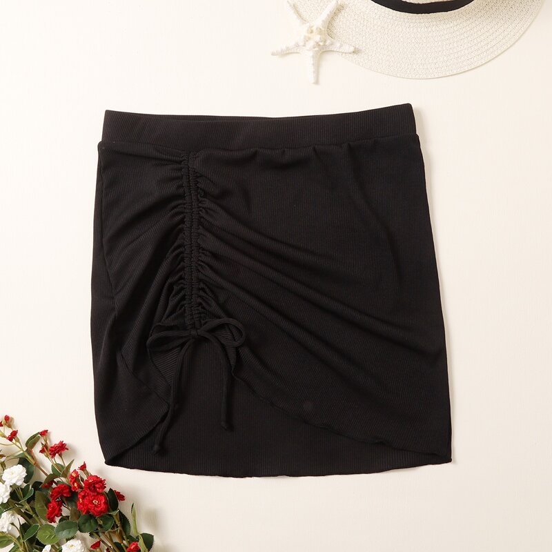 

Rib Drawstring Ruched Cover Up Skirt, Black