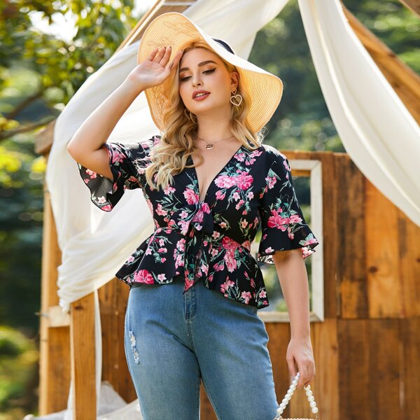 

Plus Floral Print Babydoll Top, Multicolor