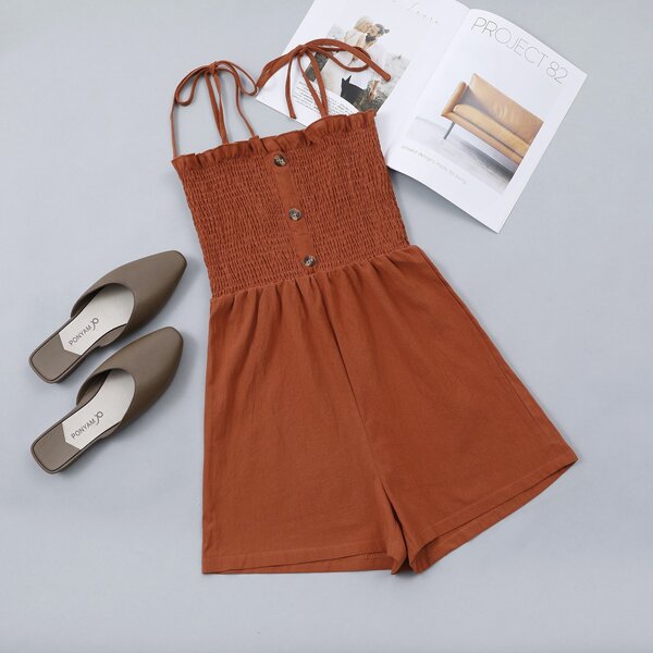 

Shirred Button Front Frill Trim Cami Romper, Burnt orange