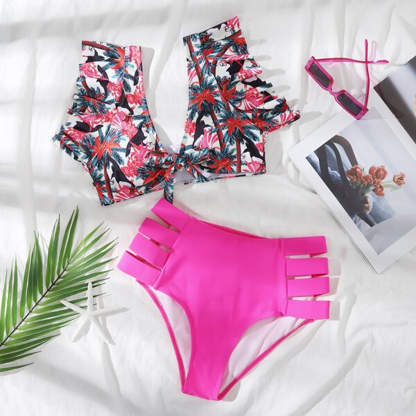 

Tropical Ruffle High Waisted Bikini Swimsuit, Hot pink