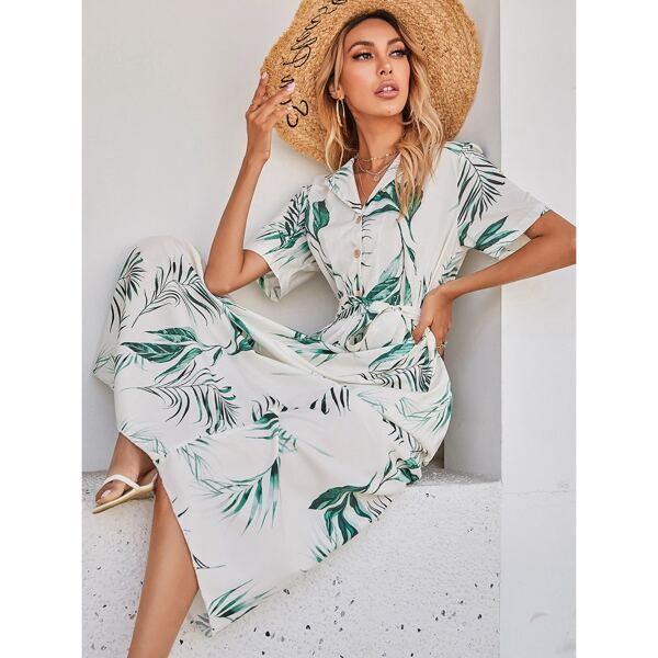 

Button Half Plants Print Belted Shirt Dress, Multicolor
