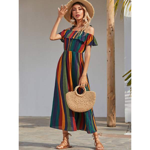 

Cold Shoulder Colorful Striped Dress, Multicolor