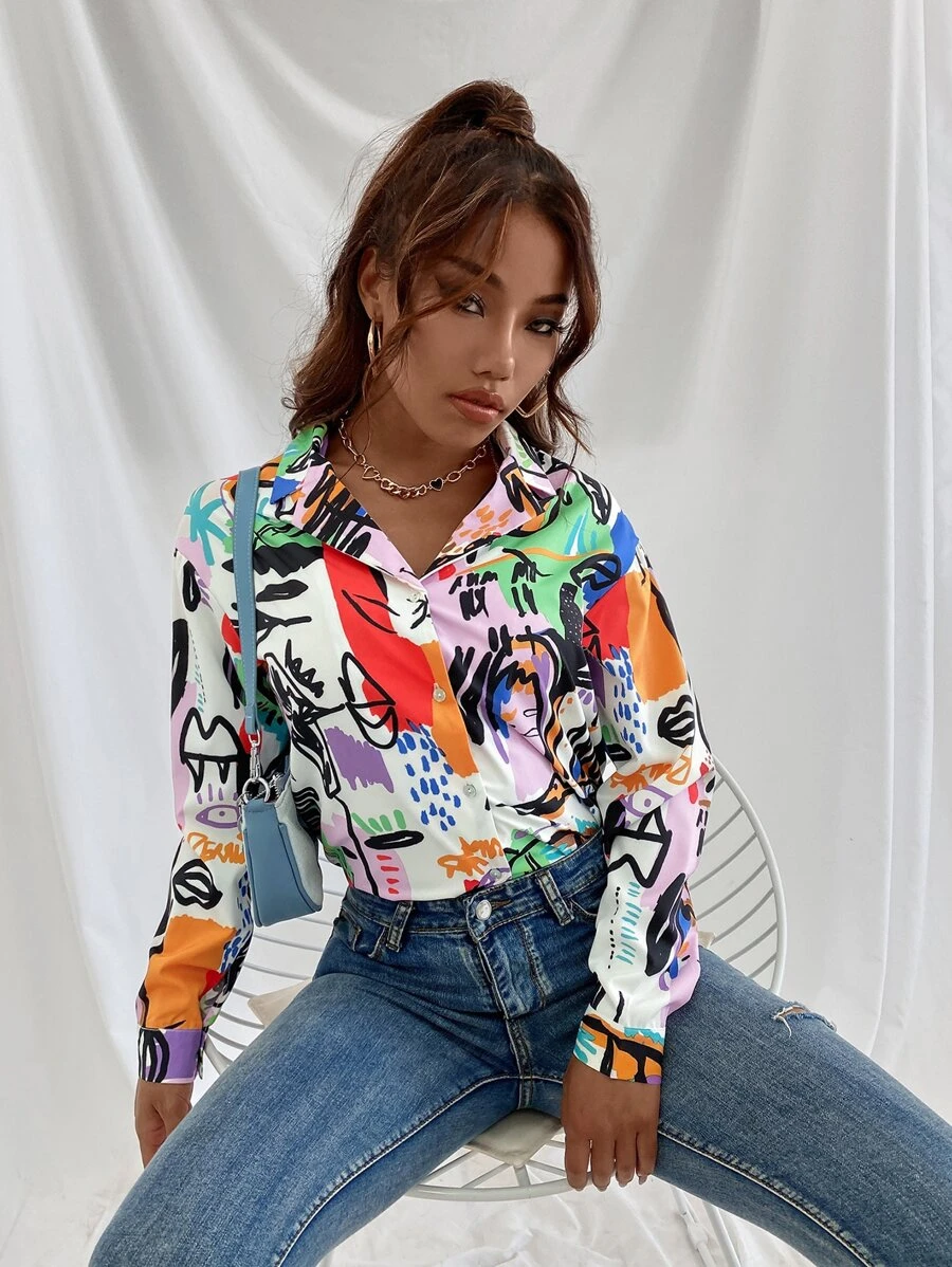 GENKIRA Colorblock Curved Hem Tunic Blouse - Multicolor - View 1