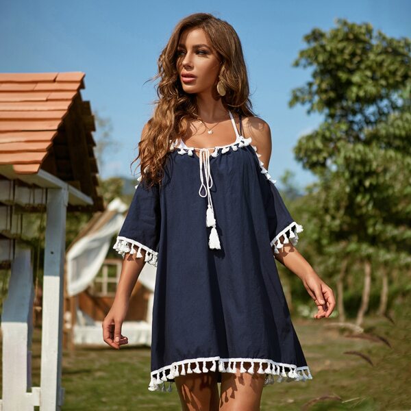 

Tassel Cold Shoulder Cover Up, Navy blue