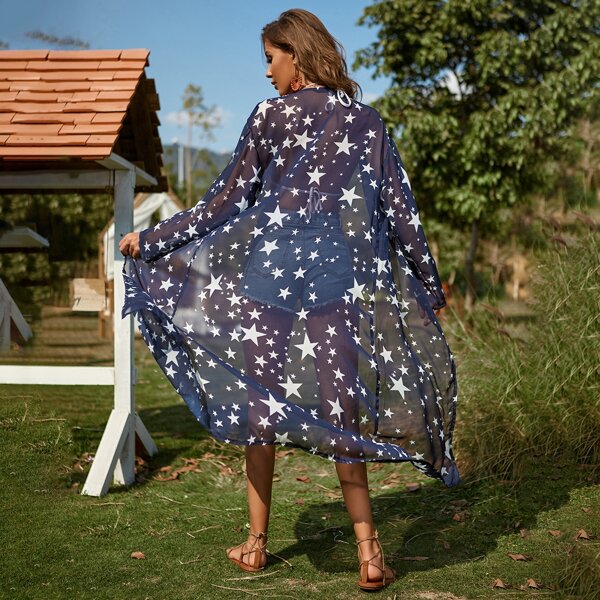 

Chiffon Star Print Belted Sheer Kimono, Navy blue