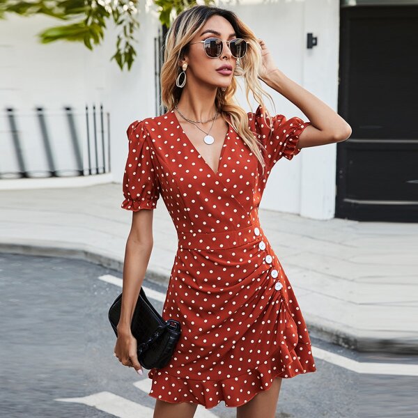 

Polka Dot Button Detail Dress, Burnt orange