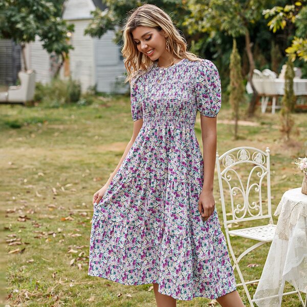 

All Over Floral Print Puff Sleeve A-line Dress, Multicolor