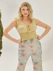 SHEIN Top tank bajo con fruncido con nudo delantero de hombro con fruncido - Amarillo - Ver 1