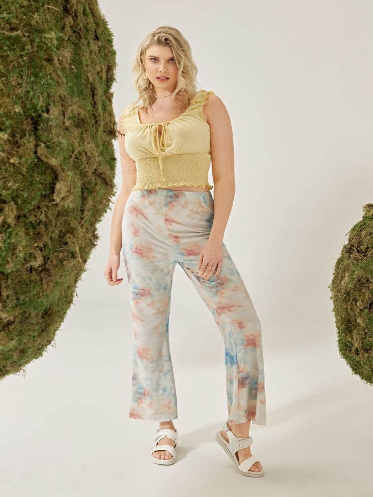 SHEIN Plus Ruched Shoulder Knot Front Frill Shirred Hem Tank Top - Yellow - View 8