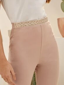 SHEIN Essnce Embroidery Taped Skinny Trousers - Dusty Pink - View 3